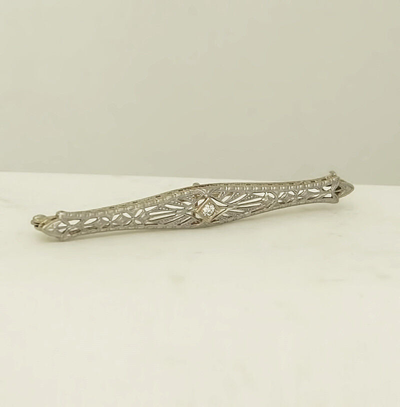 1920s Vintage Filigree 14K White Gold Diamond Pin Brooch with Blue Green Accents