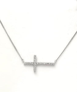 10k White Gold Pave .10ctw Round Diamond Sideways Cross Necklace 18" - 20"