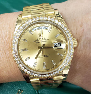 40mm Rolex Day Date President 18k Yellow Gold Diamond Dial Fluted Bezel 228348