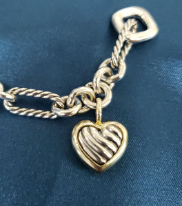 David Yurman 925 Sterling Silver 750 18k Gold Heart Charm Figaro Toggle Bracelet