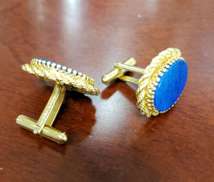 Oval Lapis Lazuli Cuff Links in 14k Yellow Gold Rope Border Frame