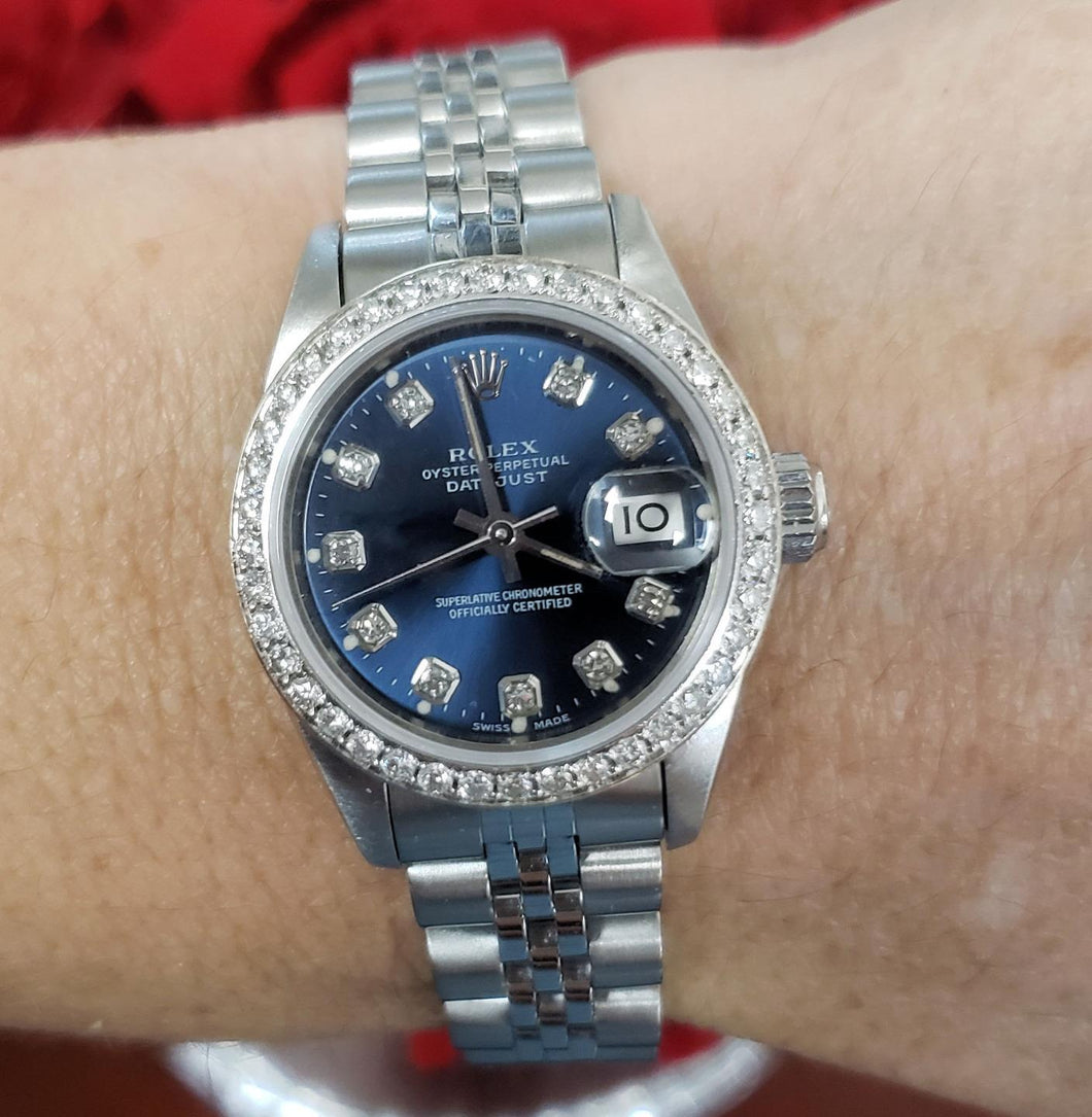 Ladies 26mm Rolex Datejust Stainless Steel Jubilee Automatic Blue Diamond 69174