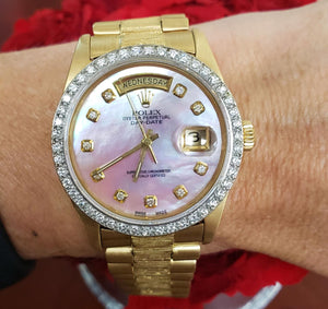 36mm Rolex President Day Date 18k Yellow Gold Diamond Pink MOP Dial Watch 18078