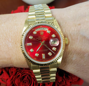 1978 Rolex Day Date 36mm President 18k Yellow Gold Auto Red Diamond Dial 18038