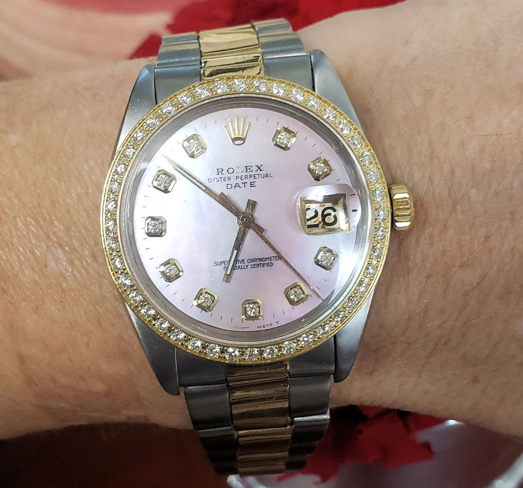 34mm Rolex Date Two Tone Pink MOP Diamond Oyster Steel Yellow Gold Automatic