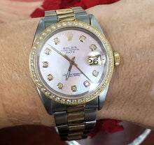 Load image into Gallery viewer, 34mm Rolex Date Two Tone Pink MOP Diamond Oyster Steel Yellow Gold Automatic
