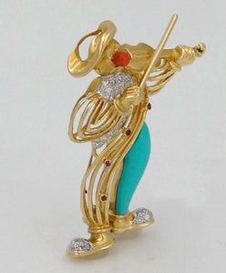 18k Yellow Gold Diamond Ruby Coral Turquoise Clown Violinist Pin Brooch