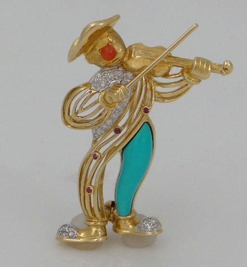 18k Yellow Gold Diamond Ruby Coral Turquoise Clown Violinist Pin Brooch