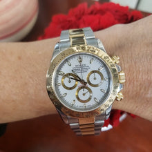 Load and play video in Gallery viewer, 40mm Rolex Cosmograph Daytona Two Tone 18k Gold in Buckle White Dial 116523
