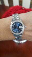 Load and play video in Gallery viewer, Ladies 26mm Rolex Datejust Stainless Steel Jubilee Automatic Blue Diamond 69174
