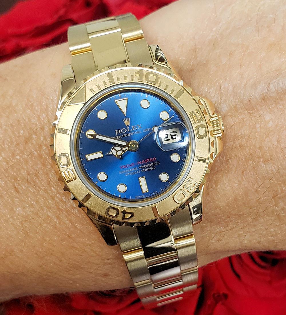 Ladies 29mm 18k Yellow Gold Rolex Yacht-Master Blue Dial 69628 – Sumpters Jewelry