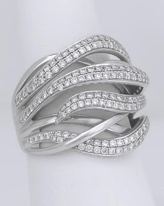 SIMON G. 18k WHITE GOLD 1.18ct VS ROUND DIAMOND CLUSTER WIDE WAVE COCKTAIL RING