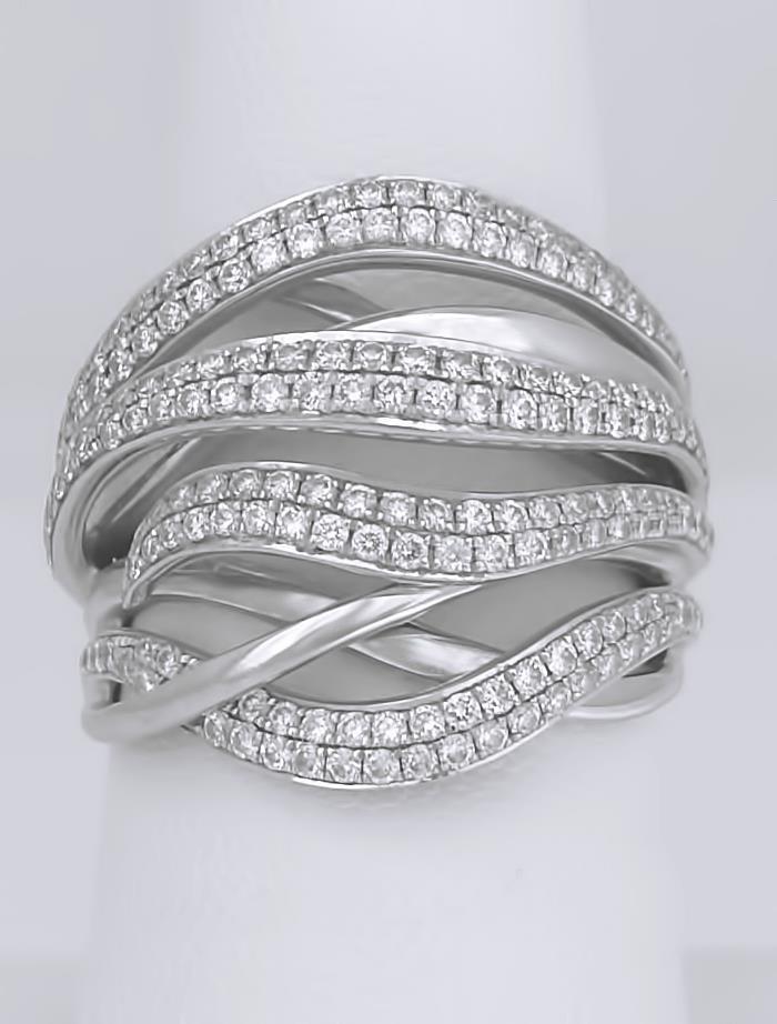 SIMON G. 18k WHITE GOLD 1.18ct VS ROUND DIAMOND CLUSTER WIDE WAVE COCKTAIL RING