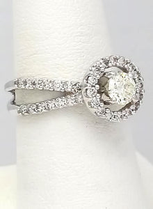 18k White Gold Pave Double Band 1 1/4ct Round Diamond Halo Engagement Ring