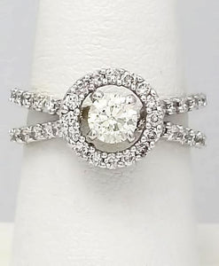 18k White Gold Pave Double Band 1 1/4ct Round Diamond Halo Engagement Ring